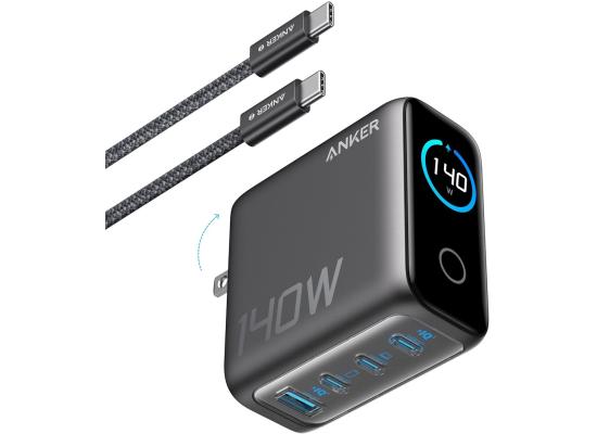 Anker Laptop Charger, 140W Max 4-Port GaN USB C Charger Block with Smart Display, Fast Charging Power Adapter, Touch Controls for MacBook, iPad, iPhone 17/16 Series (Include 5FT Cable, Non-Battery) - Black